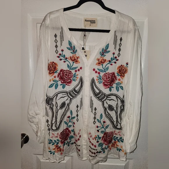 Savanna Jane White Boho Embroidered Blouse - Picture 1 of 8